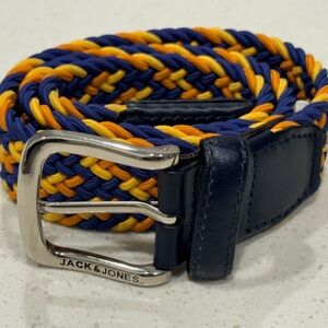 Jack & Jones Men's Braided Elastic Stretch Belt - Blue/Orange/Yellow - Size 29
